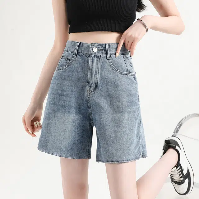 法文箱子 夏季时尚百搭纯色宽松高腰五分裤牛仔短裤 女款