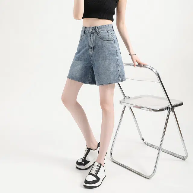 法文箱子 夏季时尚百搭纯色宽松高腰五分裤牛仔短裤 女款