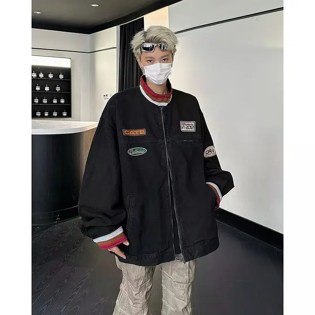 地界二 潮牌美式复古立领水洗做旧男秋季帅气赛车服夹克上衣立领水洗做旧常规宽松牛仔外套 男款