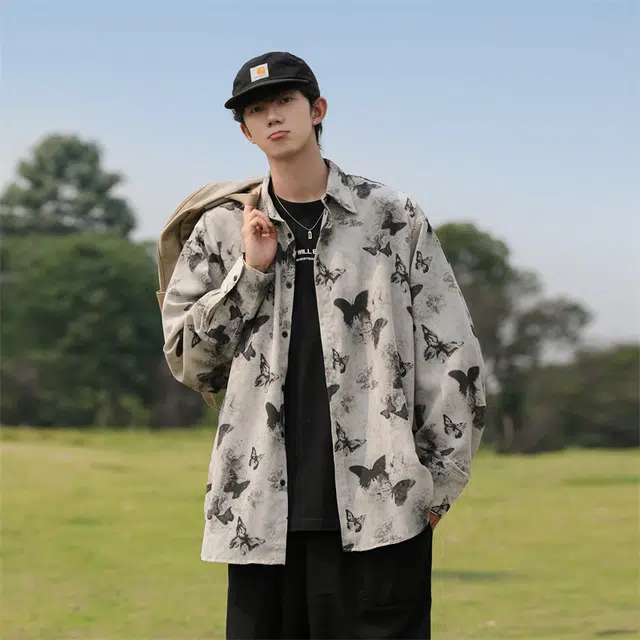 地界二 蝴蝶印花长袖男潮牌新中式宽松休闲百搭衬衣外套印花长袖中式衬衫 男款