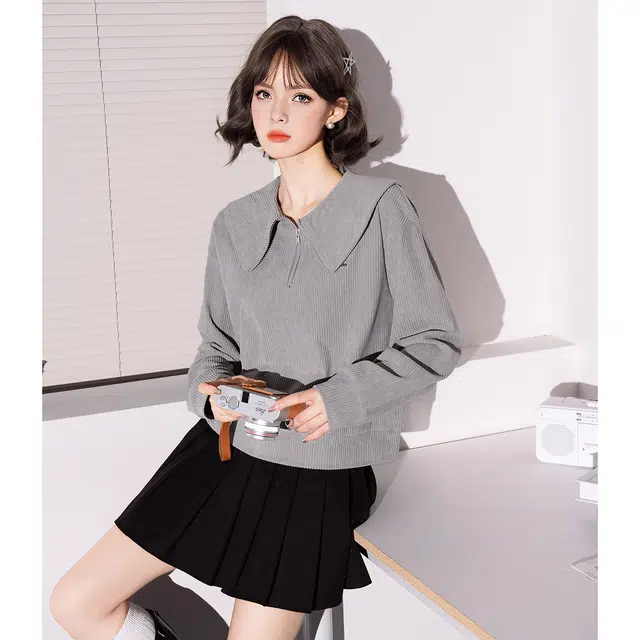 法文箱子 针织甜美风休闲纯色落肩袖长袖娃娃领宽松卫衣 女款