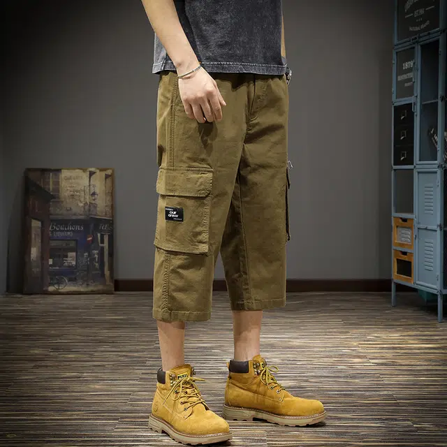 遨宇 日系都市时尚潮牌复古经典侘寂风七分工装宽松大码百搭直筒七分裤休闲短裤 男款