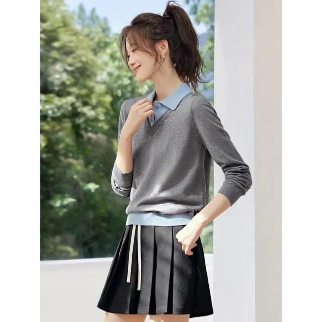 沫晗依美 拼色淡人风常规长袖翻领休闲假两件针织衫 女款