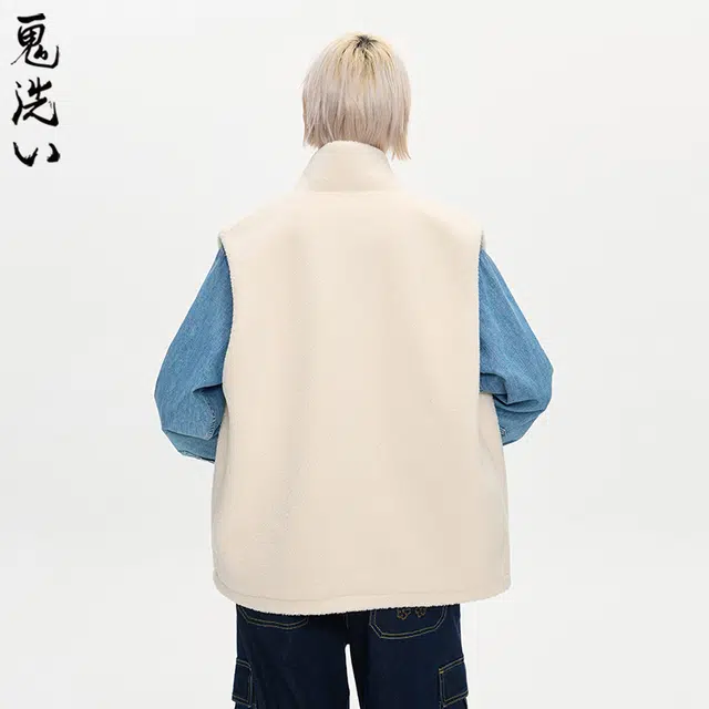 鬼洗 花纹刺绣羊羔绒牛仔纯色立领通勤马甲 女款