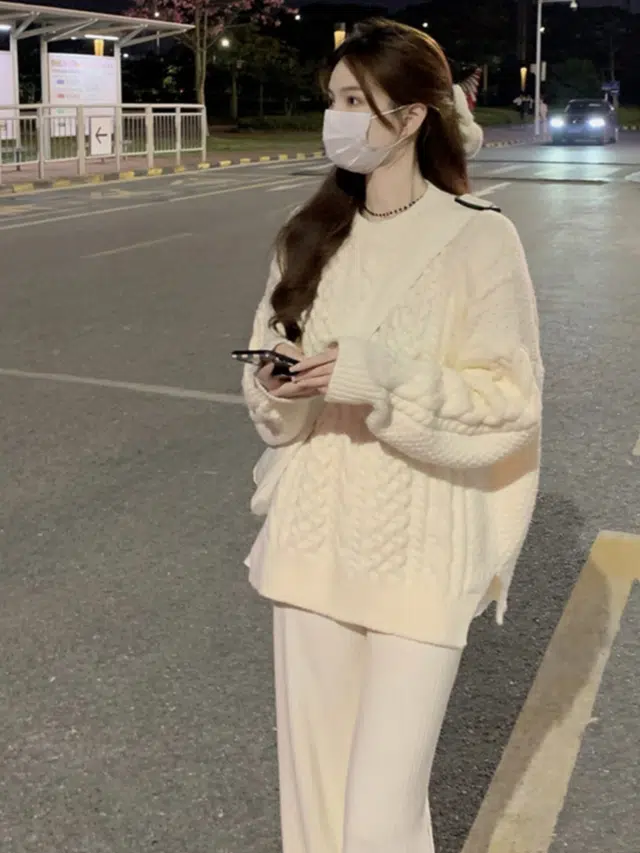 邦固依品 复古日系慵懒风女宽松外穿加厚保暖麻花打底衫女秋冬上衣针织衫 女款