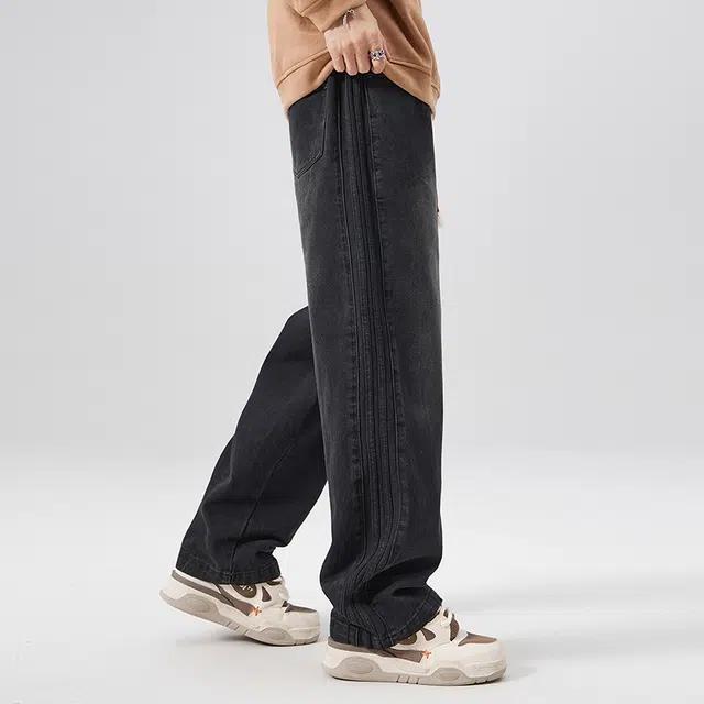 杜克恩 重磅水洗做旧条纹工装阔腿裤秋季美式复古宽松街头潮流牛仔裤 男款