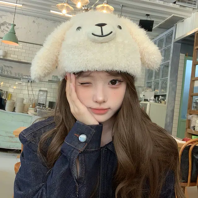 艾佳微 奶呼呼日系甜美可爱小狗耳朵毛绒护耳保暖百搭针 涤纶 绒线帽 男女同款情侣款