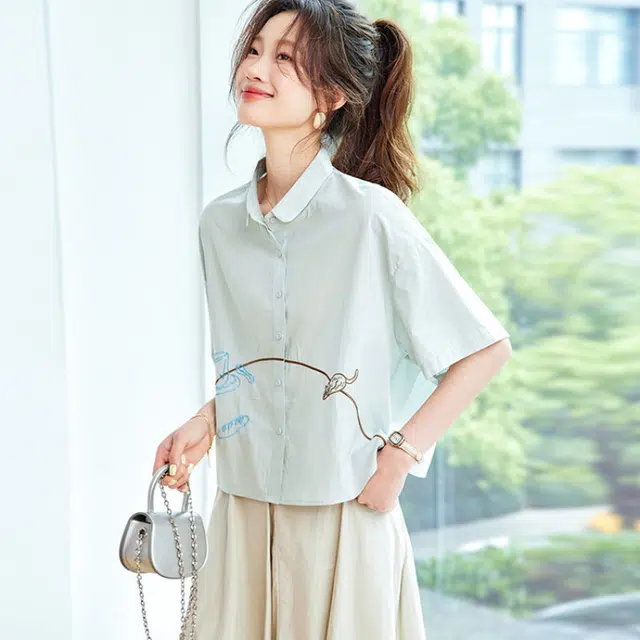 笔杏 法式宽松休闲上衣洋气短袖衬衫 女款
