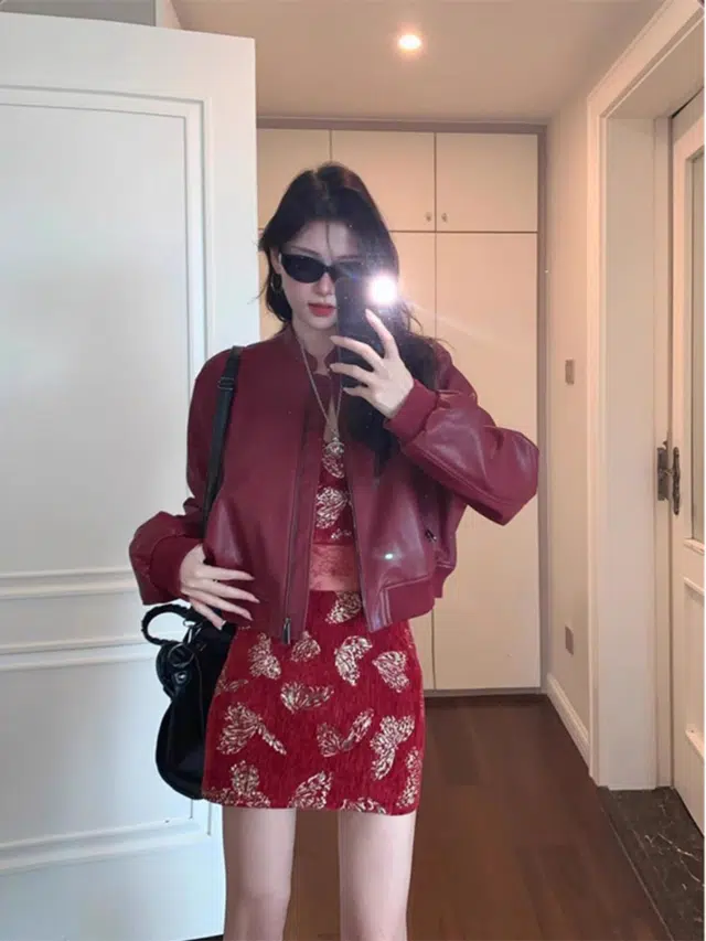 丝絮丝绸 美式复古高级设计感立领外套皮衣 女款