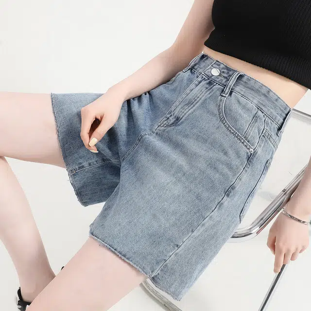 法文箱子 夏季时尚百搭纯色宽松高腰五分裤牛仔短裤 女款