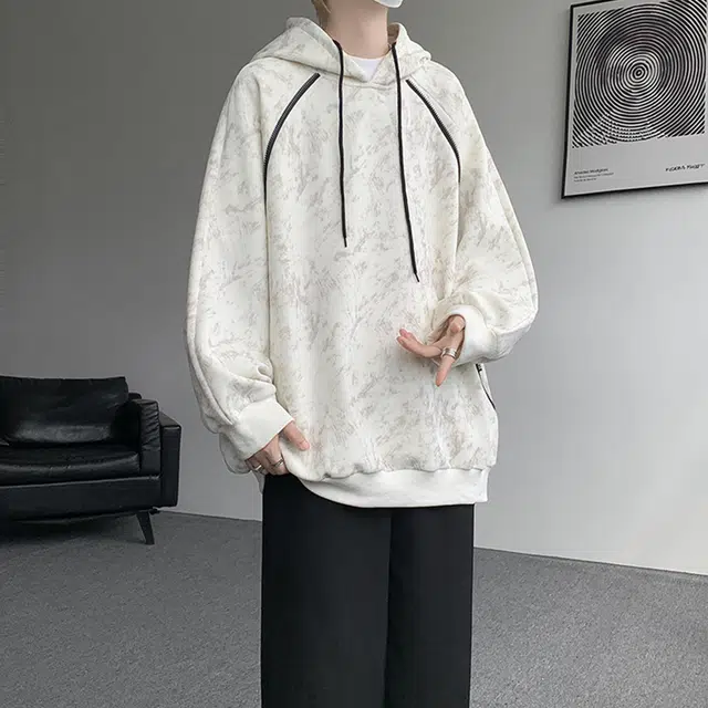 北极绒 扎染连帽春秋季痞帅重磅外套设计感宽松百搭上衣扎染连帽春秋季插肩袖潮套头卫衣 男款