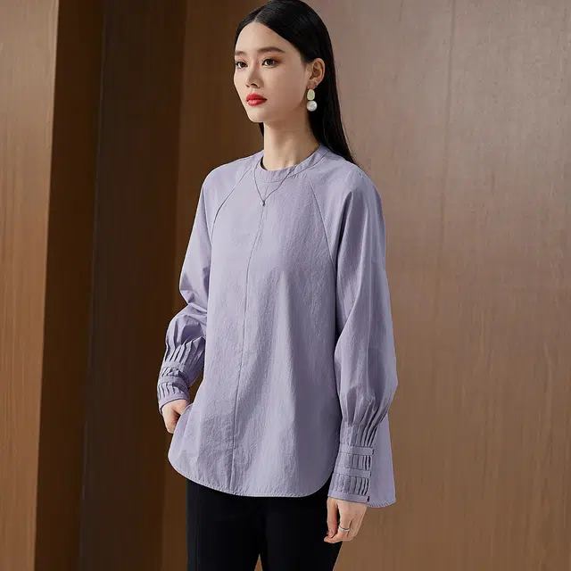 杭依阁 拼接宽松时尚纯色灯笼袖长袖圆领衬衫 女款