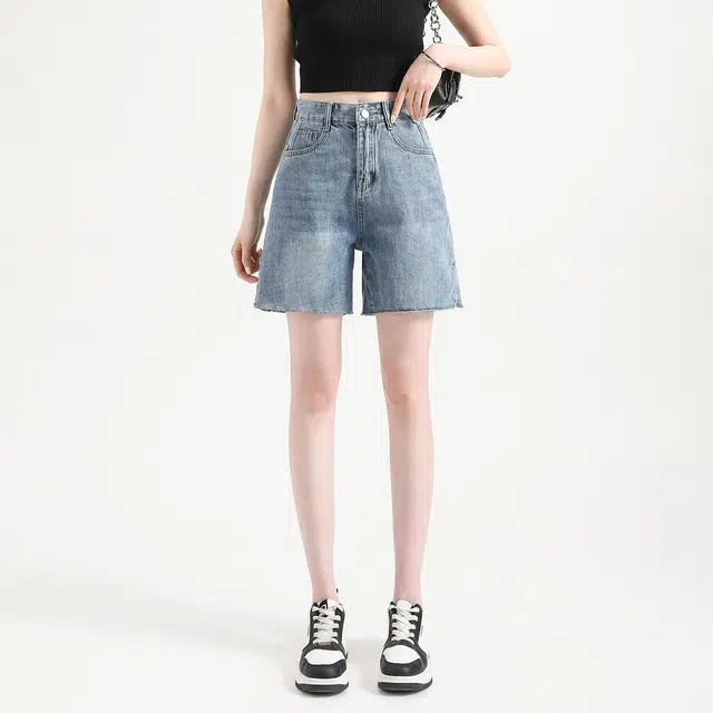 法文箱子 夏季时尚百搭纯色宽松高腰五分裤牛仔短裤 女款