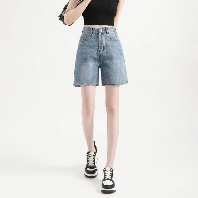 法文箱子 夏季时尚百搭纯色宽松高腰五分裤牛仔短裤 女款