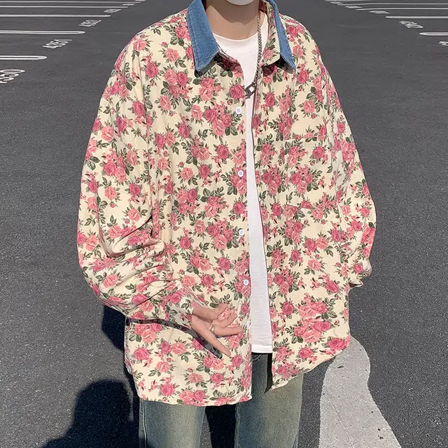 地界二 港风复古碎花拼接翻领长袖男宽松百搭潮流粉色上衣碎花拼接翻领长袖潮牛仔外套 男款