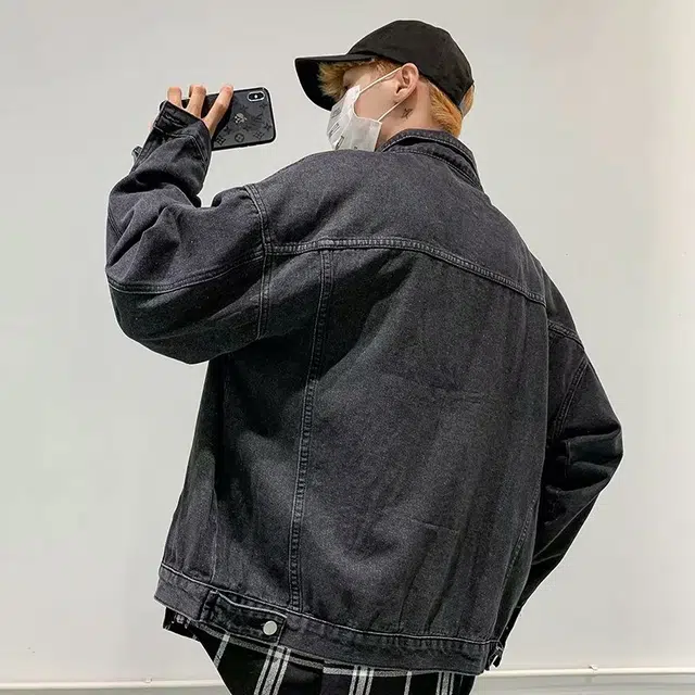 地界二 日系复古男秋季韩版潮流百搭帅气宽松休闲运动工装夹克男复古秋季韩版纯色收口袖宽松牛仔外套 男款