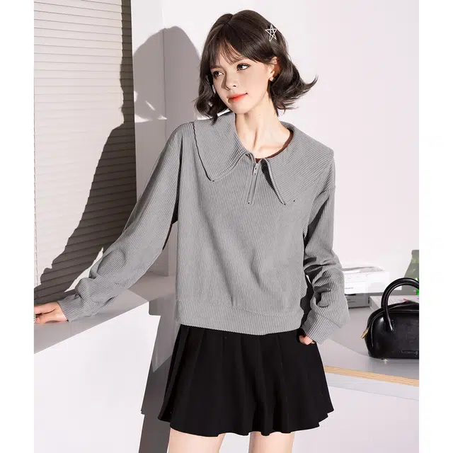 法文箱子 针织甜美风休闲纯色落肩袖长袖娃娃领宽松卫衣 女款