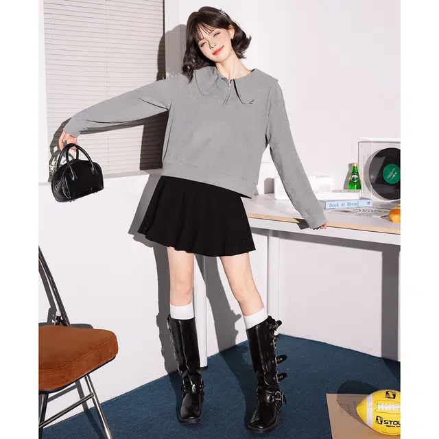 法文箱子 针织甜美风休闲纯色落肩袖长袖娃娃领宽松卫衣 女款