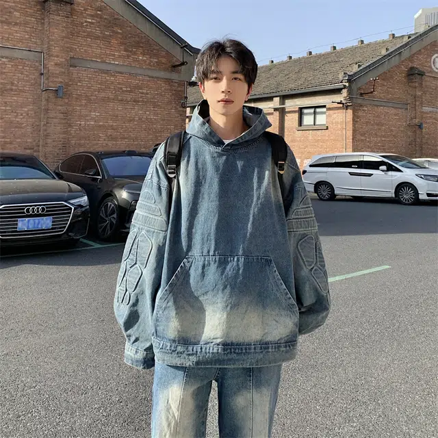 地界二 美式高街牛仔夹克外套男春秋季潮牌设计感水洗做旧宽松套头卫衣 男款
