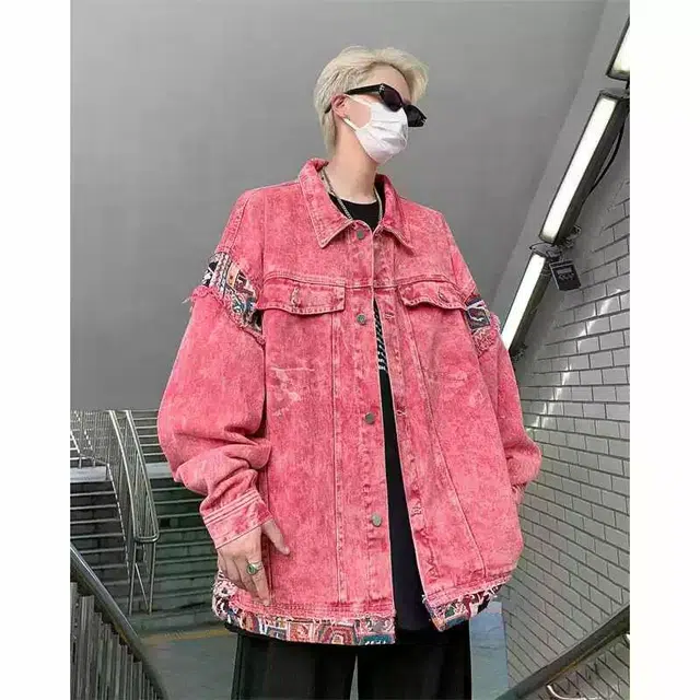 地界二 美式潮牌水洗男春秋季宽松百搭做旧休闲拼接夹克上衣粉色水洗宽松牛仔外套 男款