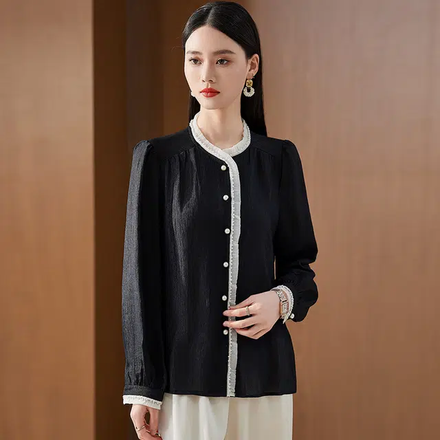 杭依阁 木耳边圆领气质纯色常规长袖宽松衬衫 女款 黑色