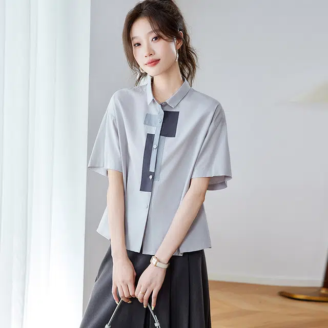 笔杏 美式日常通勤休闲风不规则几何图案上衣短袖衬衫 女款