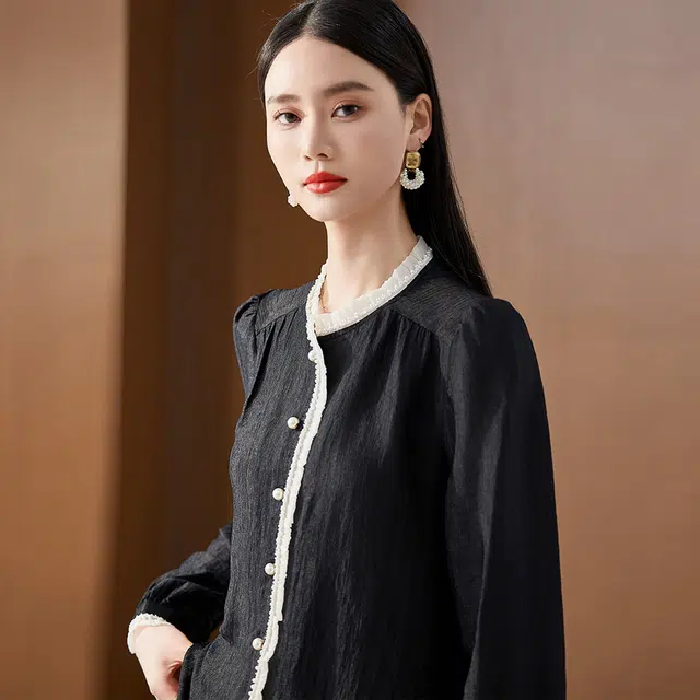 杭依阁 木耳边圆领气质纯色常规长袖宽松衬衫 女款 黑色