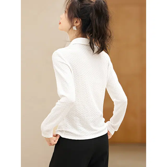 沫晗依美 简约肌理感针织纯色常规长袖翻领休闲日常便服宽松腰衬衫 女款