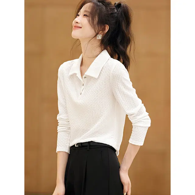 沫晗依美 简约肌理感针织纯色常规长袖翻领休闲日常便服宽松腰衬衫 女款