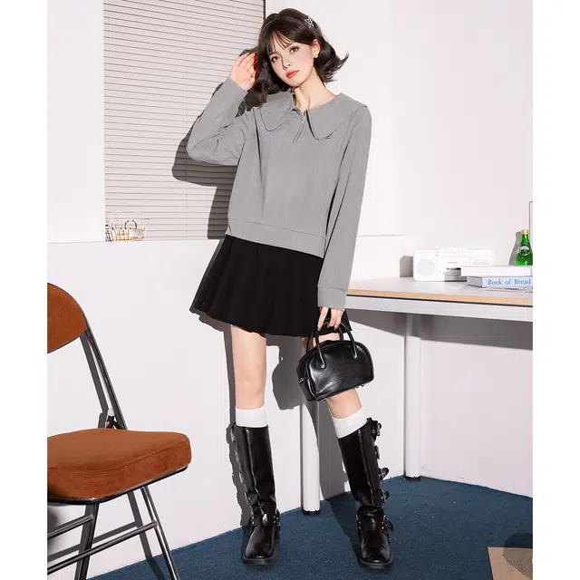 法文箱子 针织甜美风休闲纯色落肩袖长袖娃娃领宽松卫衣 女款