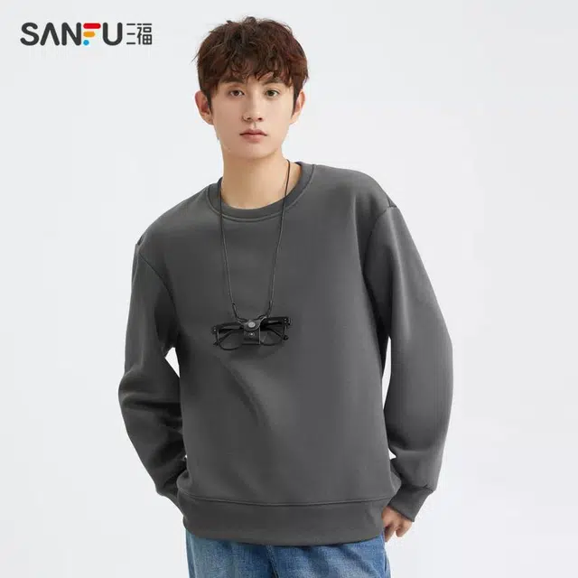 三福 简约宽松净版设计几何图案常规圆领套头卫衣 男款