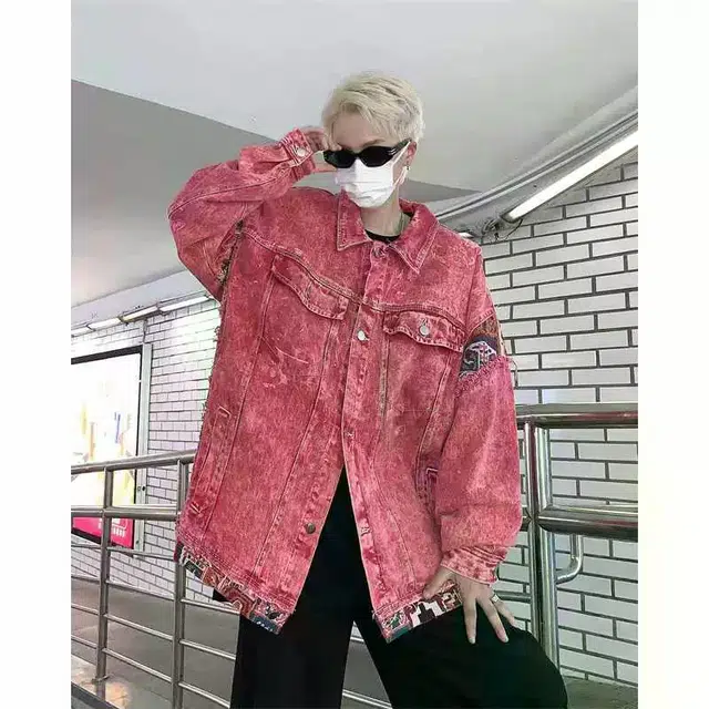 地界二 美式潮牌水洗男春秋季宽松百搭做旧休闲拼接夹克上衣粉色水洗宽松牛仔外套 男款