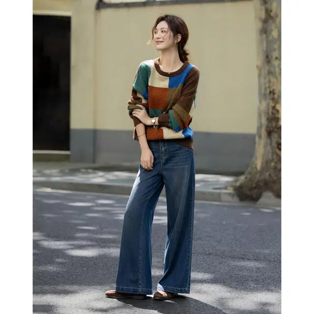 【dme】 慵懒撞色圆领格纹提花舒适时尚拼接休闲百搭长袖针织衫 女款