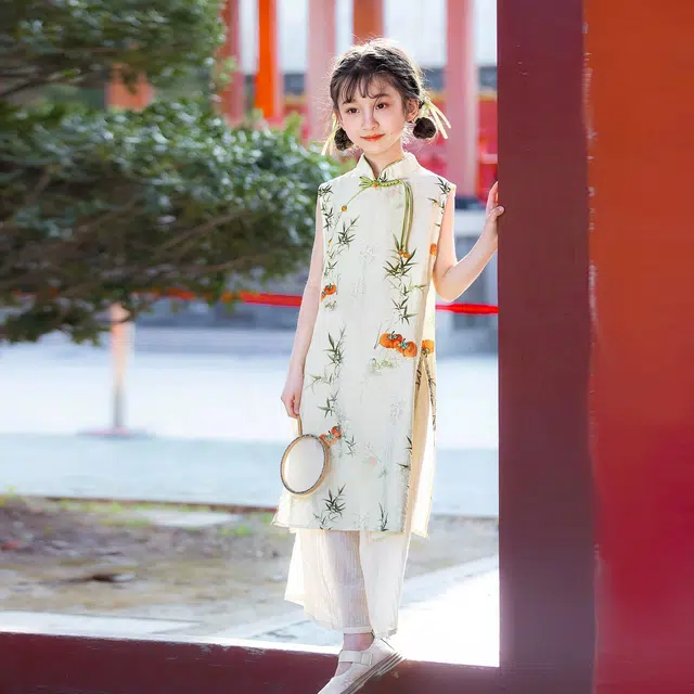 米囹新中式女童旗袍绿色奥黛中国风 夏季无袖小清新公主裙 儿童款