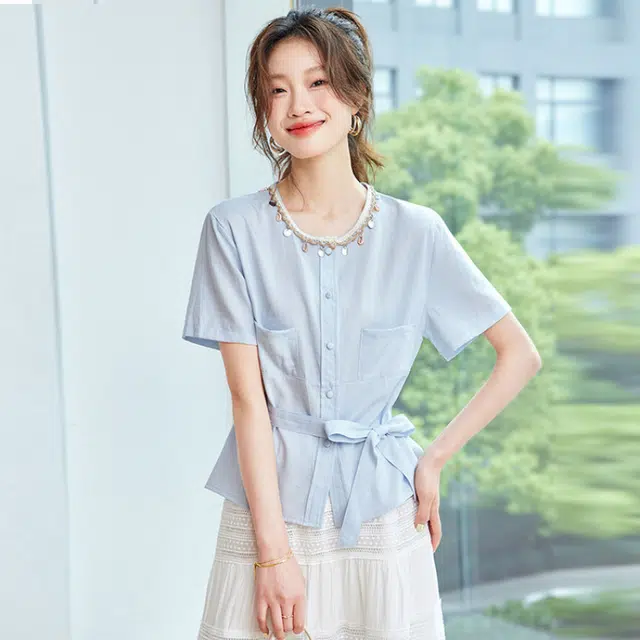 笔杏 夏季文艺风韩系高级感日常通勤短袖圆领上衣短袖衬衫 女款