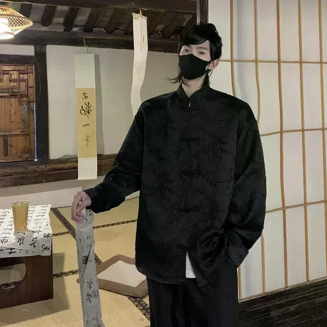 地界二 新中式男装国风男长袖不规则浮雕立领盘扣衬衣中山装民国外套立领盘扣不规则长袖中式衬衫 男款