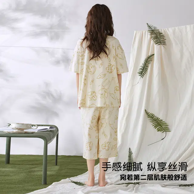 北极绒 高级感植物花卉短袖圆领宽松睡衣套装 女款