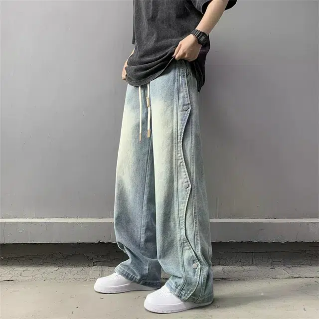 地界二 美式潮牌解构小众宽松做旧水洗百搭阔腿直筒裤牛仔裤 男女同款