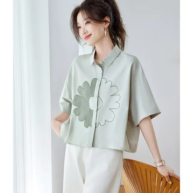 笔杏 美式复古刺绣宽松翻领纯棉上衣设计感青春减龄短袖衬衫 女款