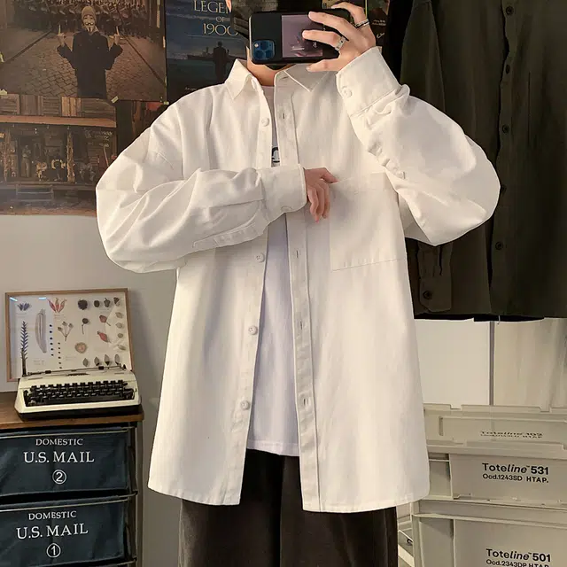 地界二 港风帅气休闲纯色百搭宽松长袖衬衫 男款