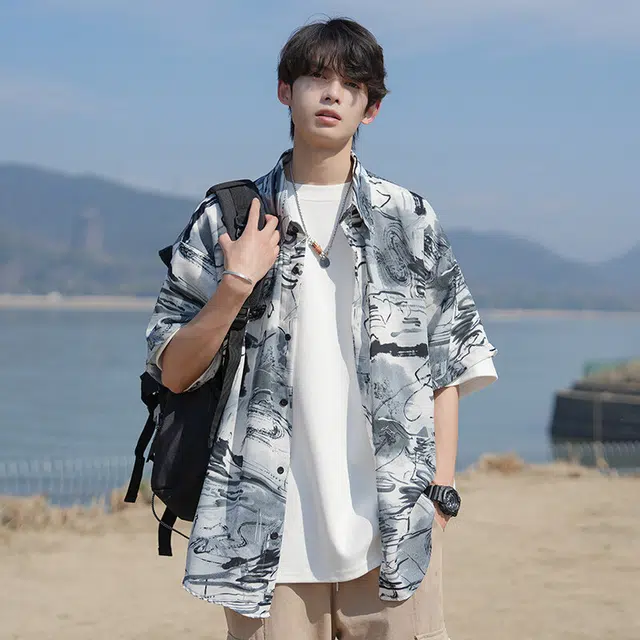 隐狼世家 扎染薄款翻领宽松舒适短袖衬衫 男款