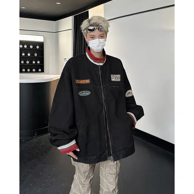 地界二 潮牌美式复古立领水洗做旧男秋季帅气赛车服夹克上衣立领水洗做旧常规宽松牛仔外套 男款