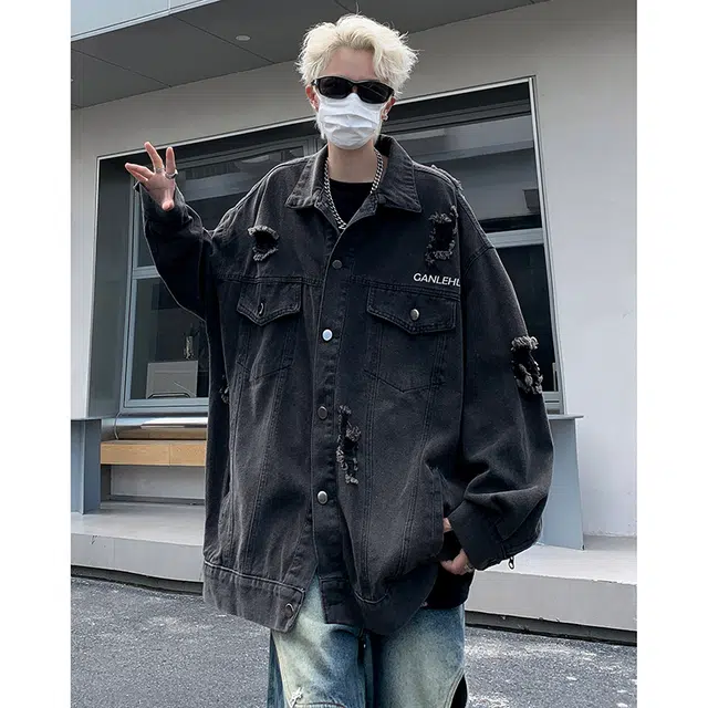 北极绒 炸街破洞夹克男春秋季美式复古宽松上衣潮牌做旧痞帅工装炸街破洞春秋季收口袖长袖翻领宽松型牛仔外套 男款