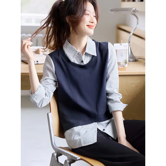 沫晗依美 保暖针织百搭条纹常规长袖翻领休闲中腰衬衫 女款