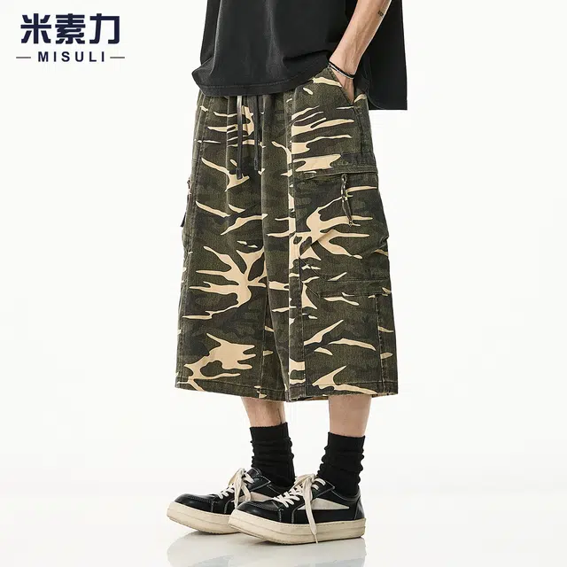 米素力 复古迷彩宽松工装裤中腰七分裤休闲短裤 男款