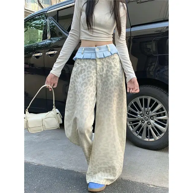 轻迎 美式复古设计感拼接撞色豹纹宽松阔腿长裤牛仔裤 女款