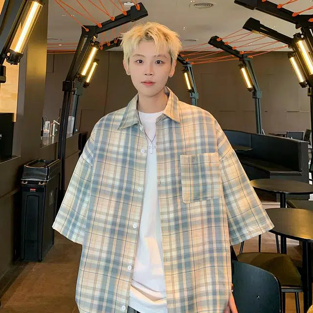 地界二 日系慵懒风短袖夏季薄款衬衣潮牌大码宽松半袖外套拼接格子短袖衬衫 男款