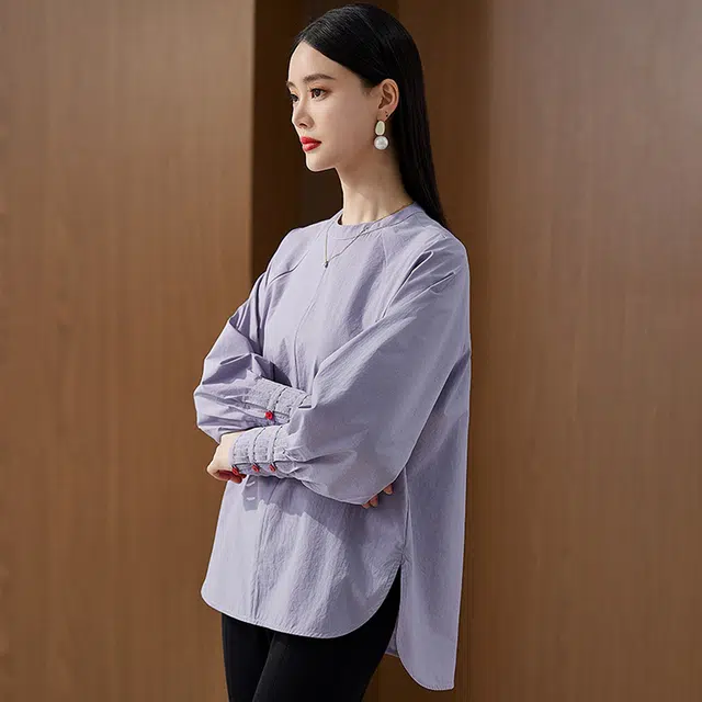 杭依阁 拼接宽松时尚纯色灯笼袖长袖圆领衬衫 女款
