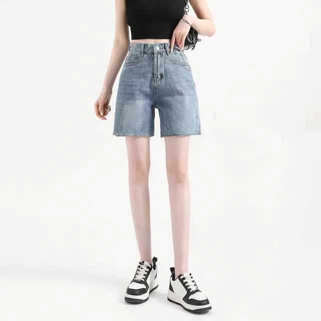 法文箱子 夏季时尚百搭纯色宽松高腰五分裤牛仔短裤 女款