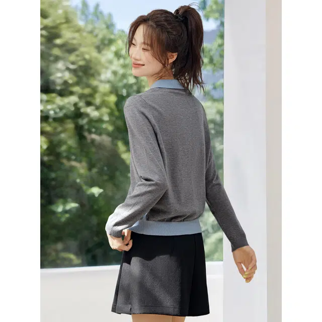 沫晗依美 拼色淡人风常规长袖翻领休闲假两件针织衫 女款